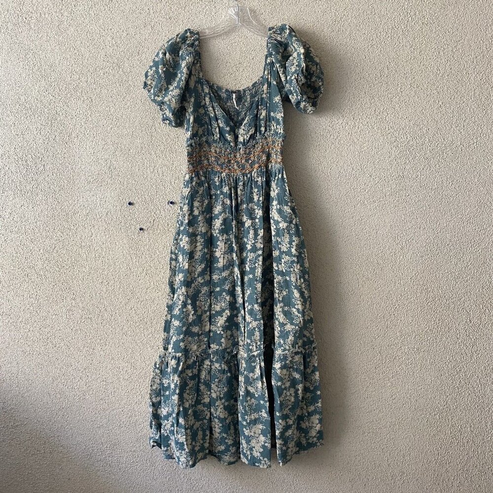 Free People Printed Ellie Maxi Dress Green Floral Smocked Peasant Size Small - Picture 4 of 13